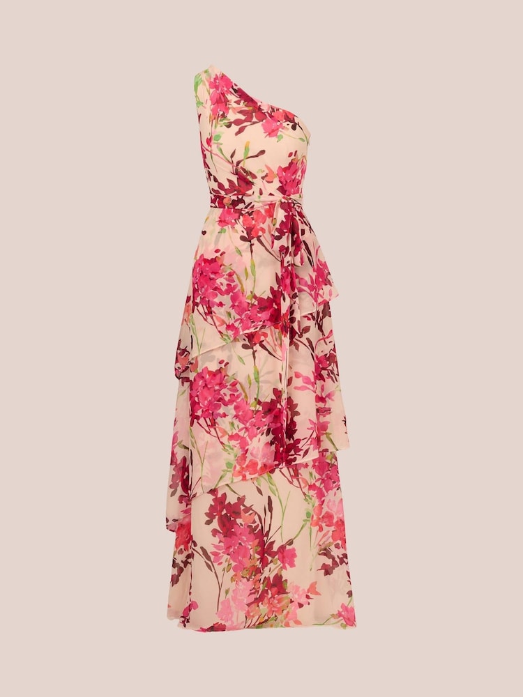 Adrianna Papell Pink One Shoulder Tiered Gown - Image 6 of 7