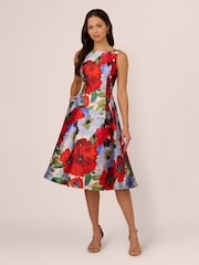 Adrianna Papell Red Floral Mikado Midi Dress - Image 1 of 7
