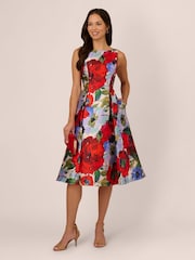 Adrianna Papell Red Floral Mikado Midi Dress - Image 3 of 7