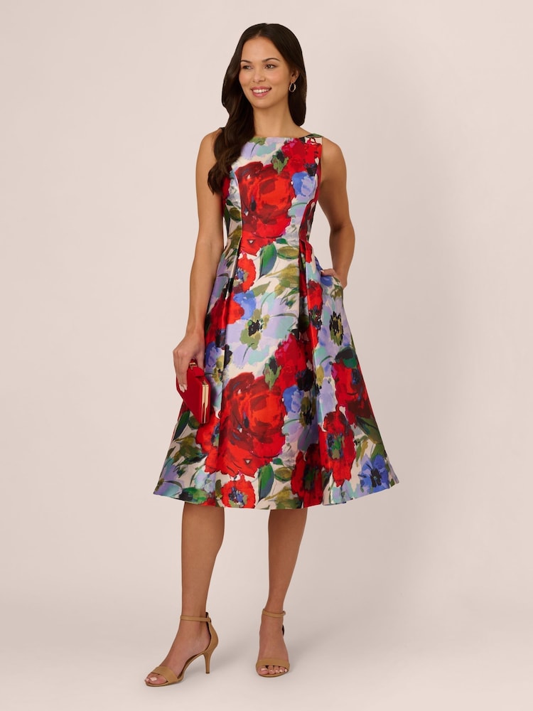 Adrianna Papell Red Floral Mikado Midi Dress - Image 3 of 7
