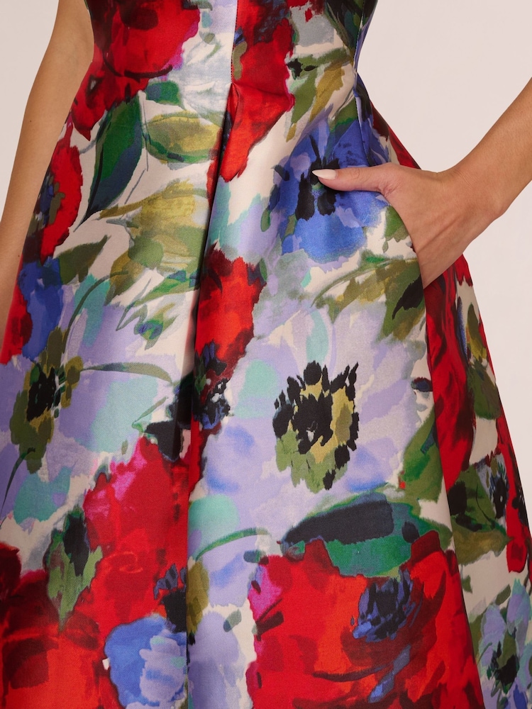 Adrianna Papell Red Floral Mikado Midi Dress - Image 5 of 7