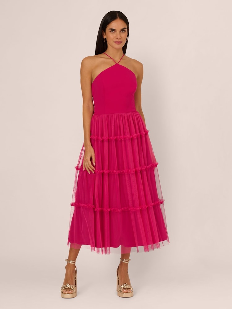 Adrianna by Adrianna Papell Pink Knit And Mesh Halter Dress - Image 1 of 7 Adrianna by Adrianna Papell Pink Knit And Mesh Halter Dress - Image 1 of 7