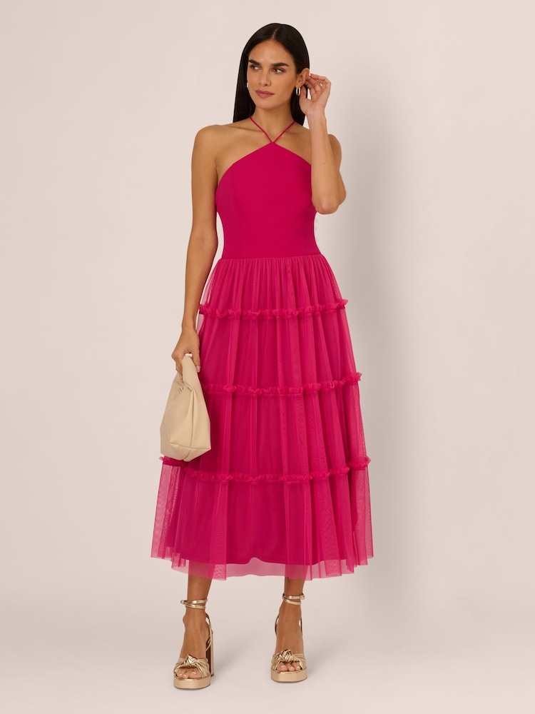 Adrianna by Adrianna Papell Pink Knit And Mesh Halter Dress - Image 2 of 7