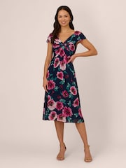 Adrianna Papell Blue Printed Front Twist Midi Dress - Image 1 of 7