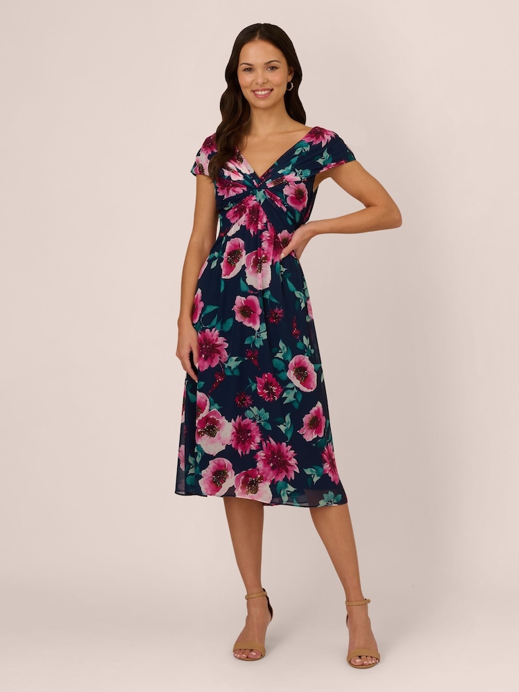 Adrianna Papell Blue Printed Front Twist Midi Dress - Image 1 of 7