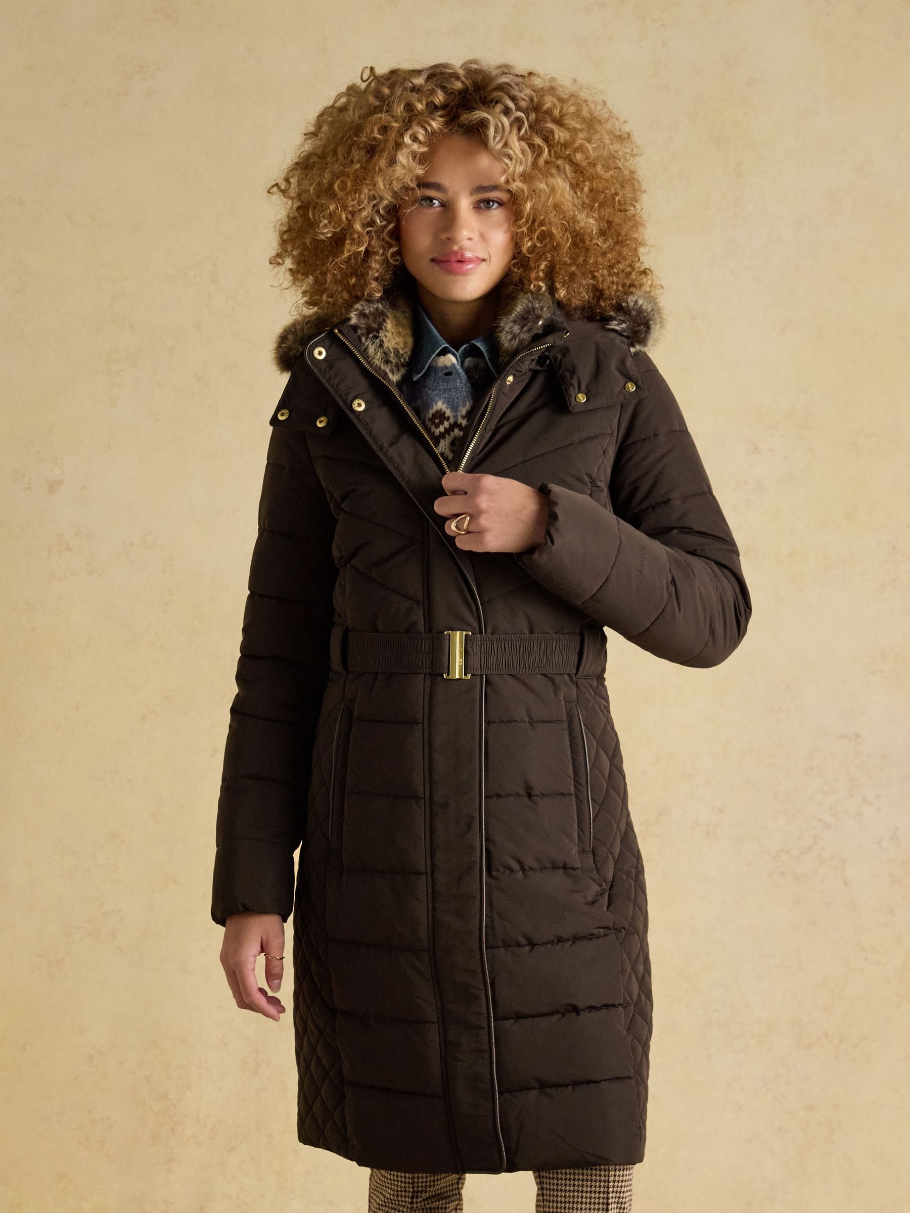 Joules Brown Aspen Showerproof Longline Padded Coat With Faux Fur Hood