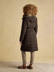 Joules Aspen Brown Showerproof Longline Padded Coat with Faux Fur Hood - Image 2 of 12