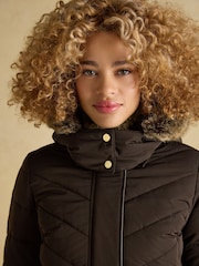 Joules Aspen Brown Showerproof Longline Padded Coat with Faux Fur Hood - Image 3 of 12