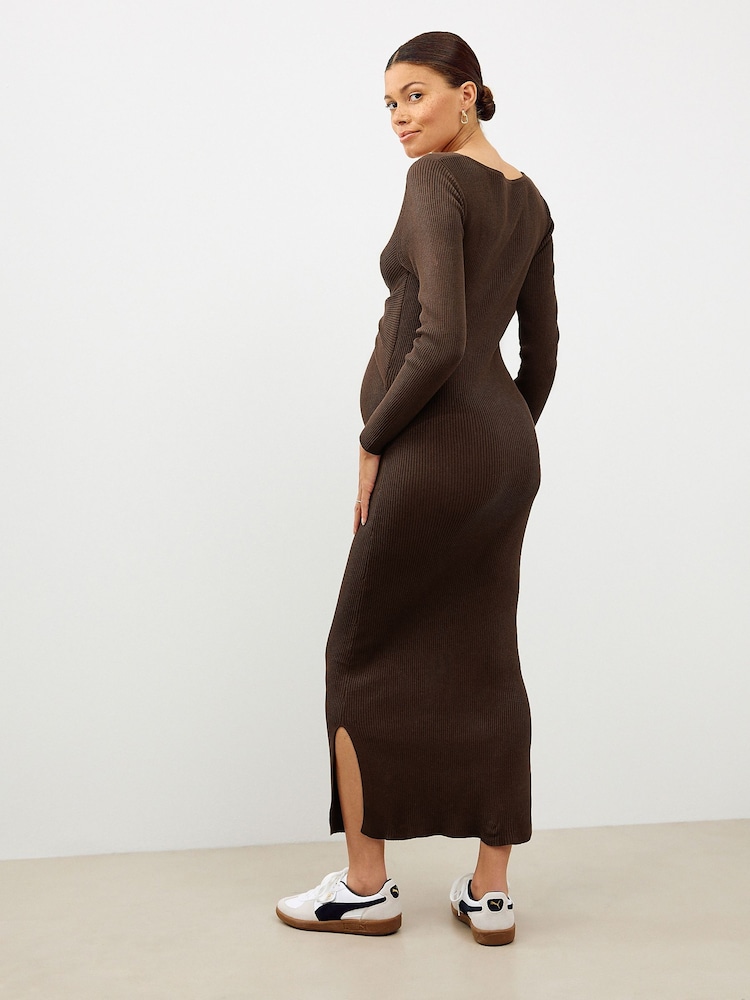 Chocolate Brown Maternity Twist Front Knit Dress - Image 2 of 9