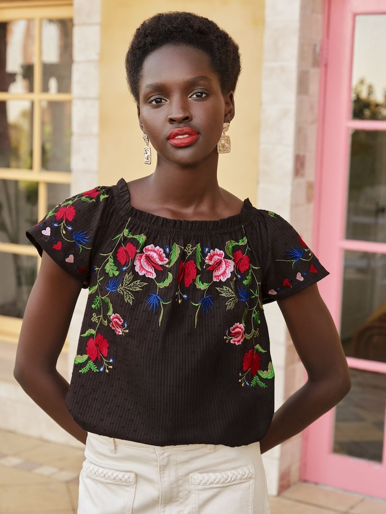 Love & Roses Black Printed Bardot Top - Image 2 of 4