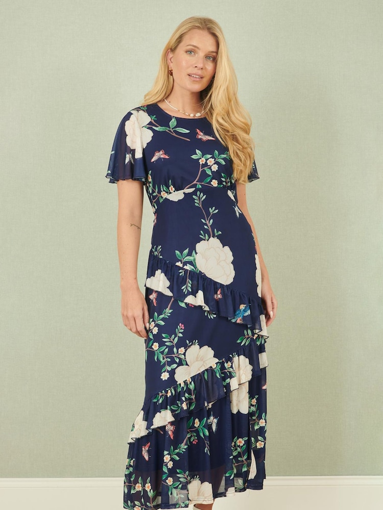 Blau - Yumi – Midikleid aus Netzstoff mit Vogel- und Blumenprint und Rüschen - Bild 1 von 5 Blau - Yumi – Midikleid aus Netzstoff mit Vogel- und Blumenprint und Rüschen - Bild 1 von 5