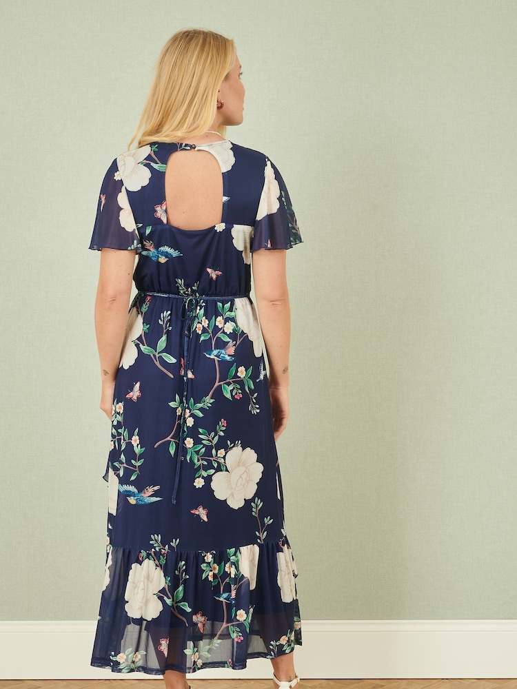 Yumi Blue Mesh Bird And Floral Print Midi Dress With Ruffles - Image 3 of 5