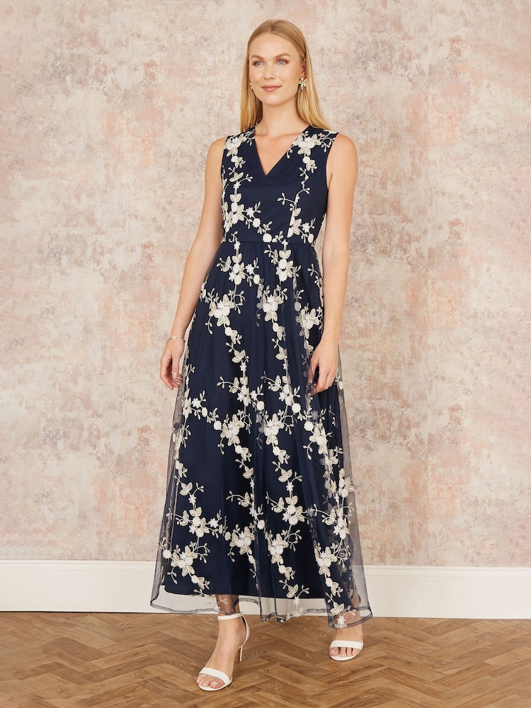 Yumi Blue Mesh Embroidered Maxi Dress - Image 2 of 5