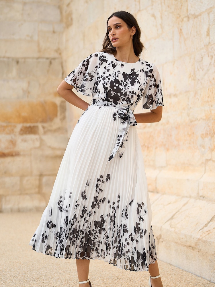 Weiß - Yumi Mirror Floral Design Pleated Midi Dress - Bild 1 von 5 Weiß - Yumi Mirror Floral Design Pleated Midi Dress - Bild 1 von 5