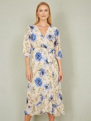 Yumi Cream Vintage Floral Wrap Midi Dress With Frill - Image 1 of 5