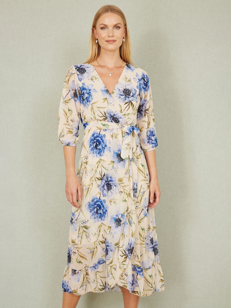 Yumi Cream Vintage Floral Wrap Midi Dress With Frill - Image 1 of 5
