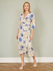 Yumi Cream Vintage Floral Wrap Midi Dress With Frill - Image 2 of 5
