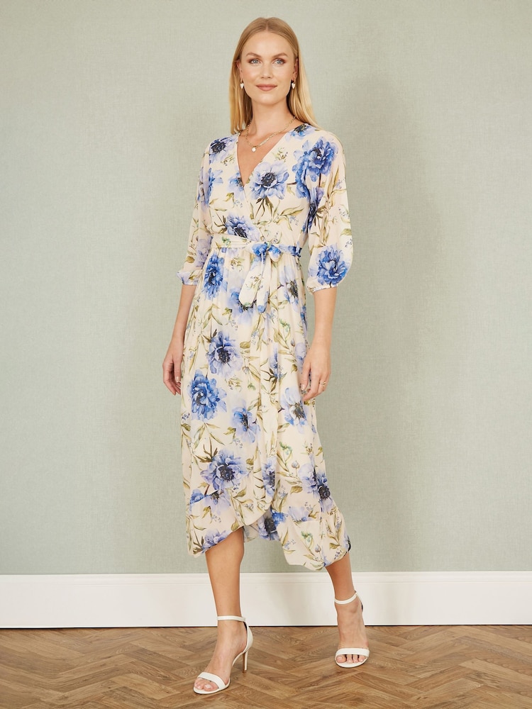 Yumi Cream Vintage Floral Wrap Midi Dress With Frill - Image 2 of 5
