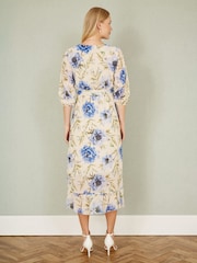 Yumi Cream Vintage Floral Wrap Midi Dress With Frill - Image 3 of 5