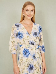 Yumi Cream Vintage Floral Wrap Midi Dress With Frill - Image 4 of 5