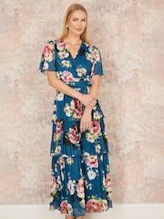 Yumi Green Floral Mesh Tiered Maxi Dress - Image 1 of 5
