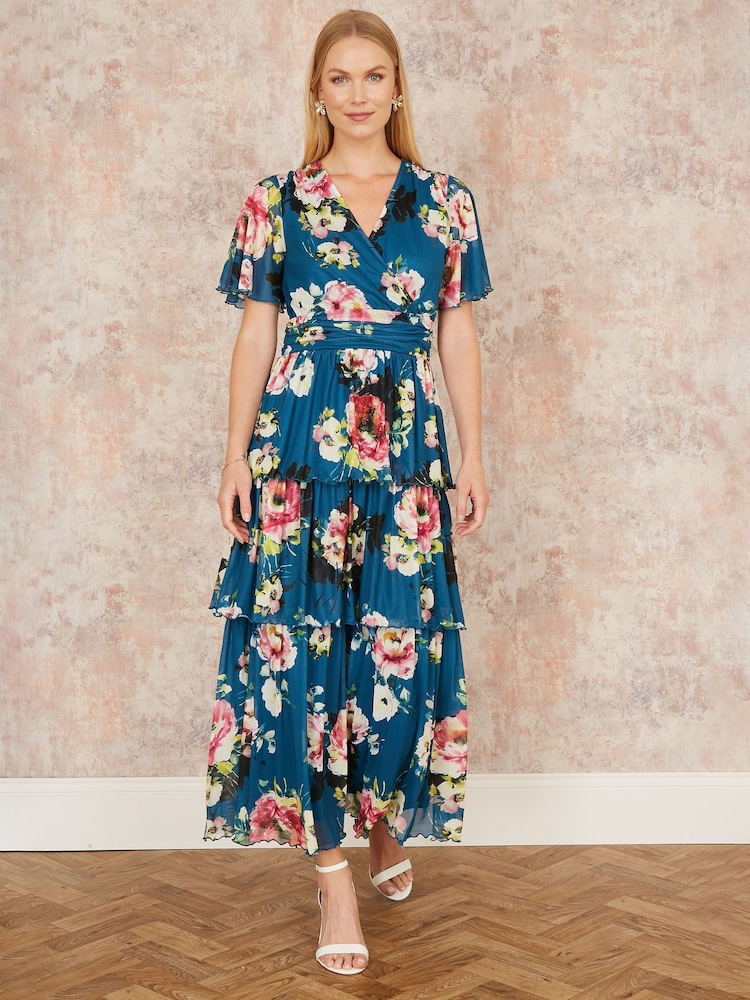 Yumi Green Floral Mesh Tiered Maxi Dress - Image 2 of 5