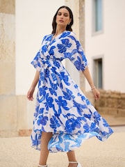 Yumi Light Blue Kimono Sleeves Midi Dip Hem Wrap Midi Dress - Image 1 of 5