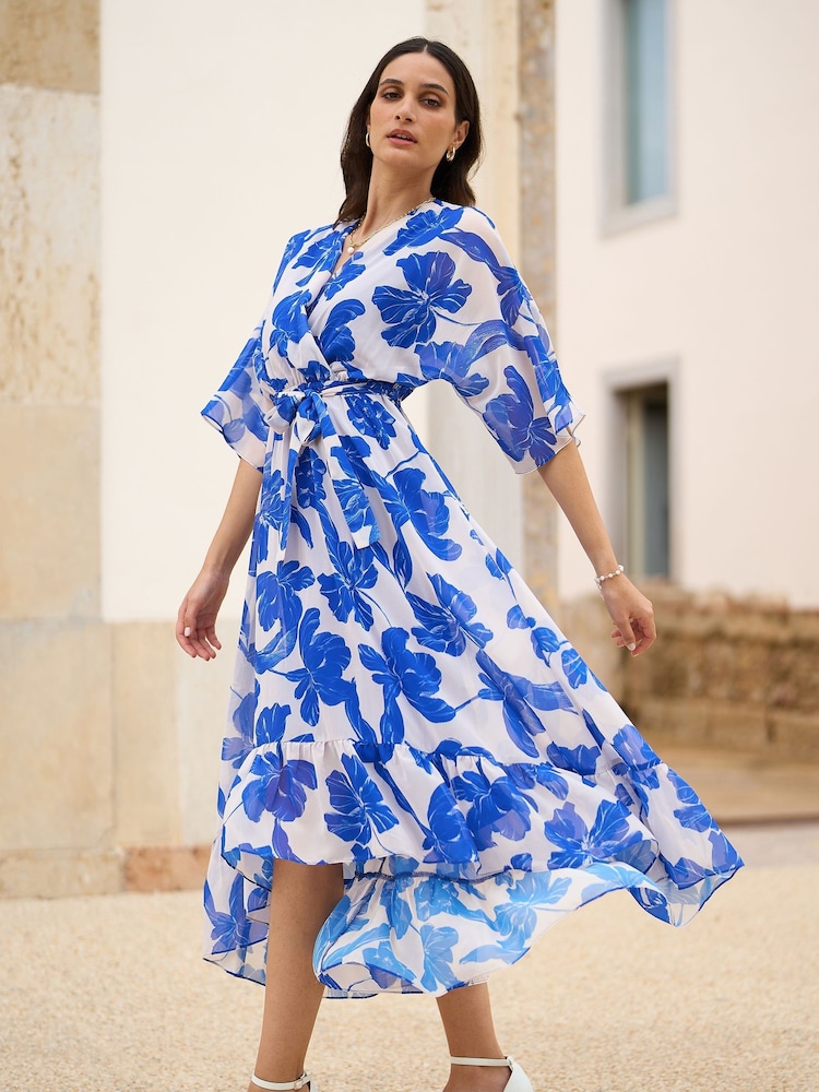 Yumi Light Blue Kimono Sleeves Midi Dip Hem Wrap Midi Dress - Image 1 of 5