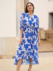 Yumi Light Blue Kimono Sleeves Midi Dip Hem Wrap Midi Dress - Image 2 of 5