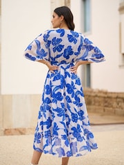 Yumi Light Blue Kimono Sleeves Midi Dip Hem Wrap Midi Dress - Image 4 of 5