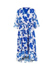 Yumi Light Blue Kimono Sleeves Midi Dip Hem Wrap Midi Dress - Image 5 of 5