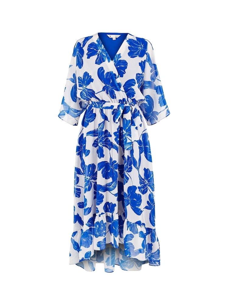 Yumi Light Blue Kimono Sleeves Midi Dip Hem Wrap Midi Dress - Image 5 of 5