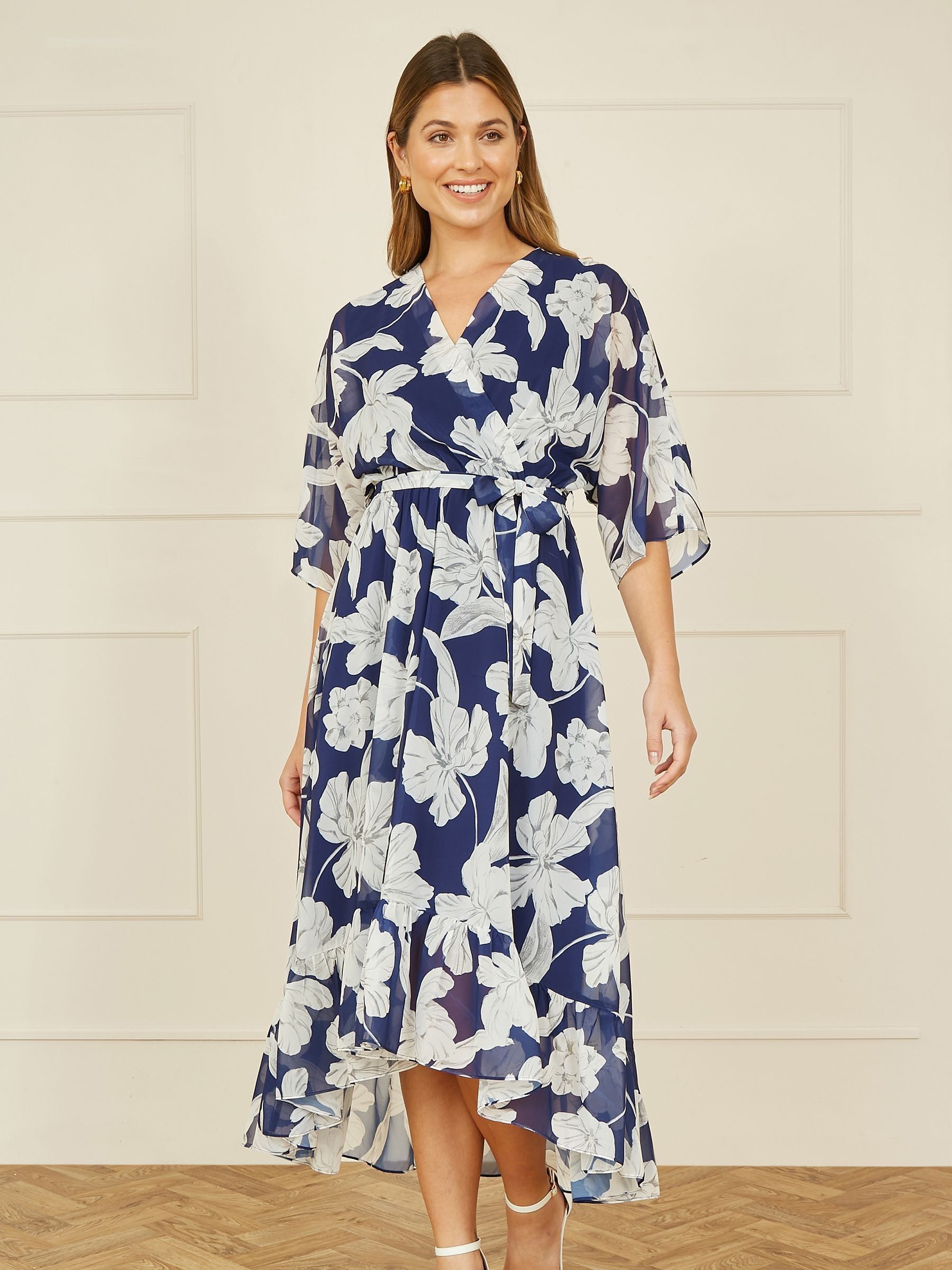 Yumi Women's Blue Mesh Bird And Floral Print Midi Dress With Ruffles
