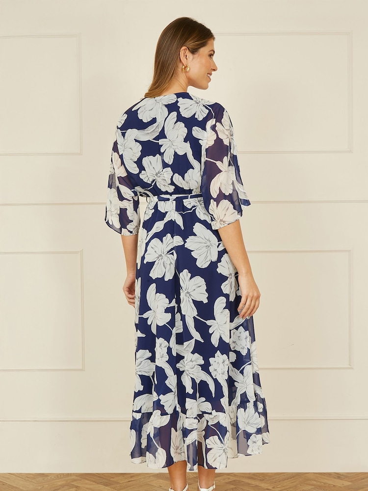 Yumi Blue Mesh Bird And Floral Print Midi Dress With Ruffles - Image 3 of 5