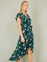 Yumi Green Floral Wrap Midi Dress With Frill Hem - Image 1 of 5