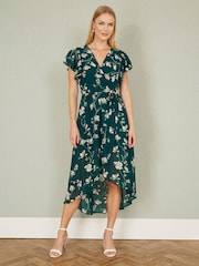 Yumi Green Floral Wrap Midi Dress With Frill Hem - Image 2 of 5