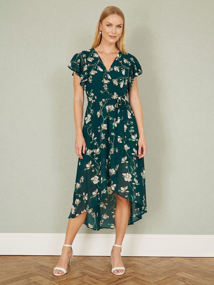 Yumi Green Floral Wrap Midi Dress With Frill Hem - Image 2 of 5