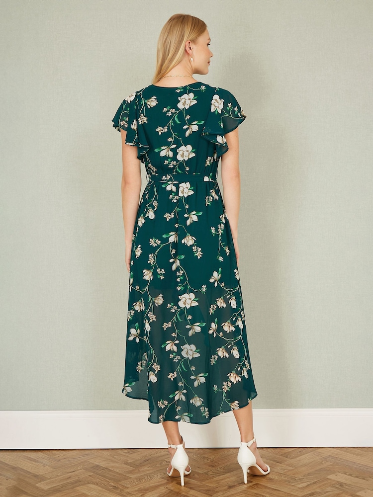 Buy Yumi Green Floral Wrap Midi Dress With Frill Hem from the Next