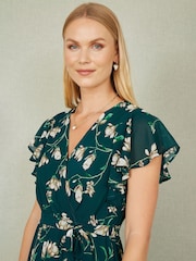 Yumi Green Floral Wrap Midi Dress With Frill Hem - Image 4 of 5