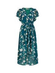 Yumi Green Floral Wrap Midi Dress With Frill Hem - Image 5 of 5