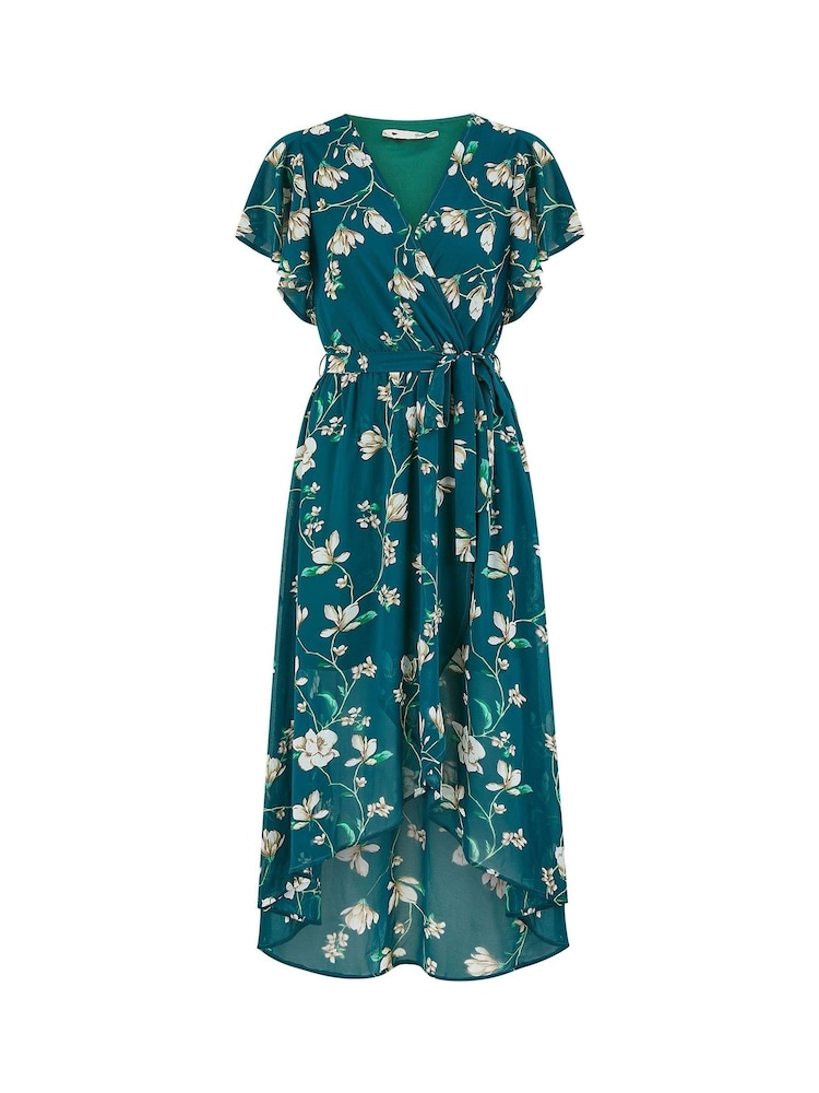 Yumi Green Floral Wrap Midi Dress With Frill Hem - Image 5 of 5