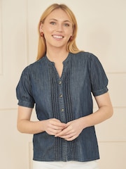 Yumi Blue Chambray Pleated Denim 100% Cotton Shirt - Image 1 of 5