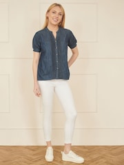 Yumi Blue Chambray Pleated Denim 100% Cotton Shirt - Image 2 of 5