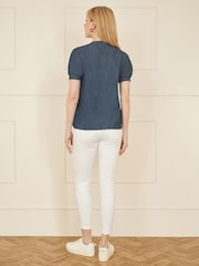 Yumi Blue Chambray Pleated Denim 100% Cotton Shirt - Image 4 of 5
