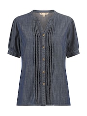 Yumi Blue Chambray Pleated Denim 100% Cotton Shirt - Image 5 of 5