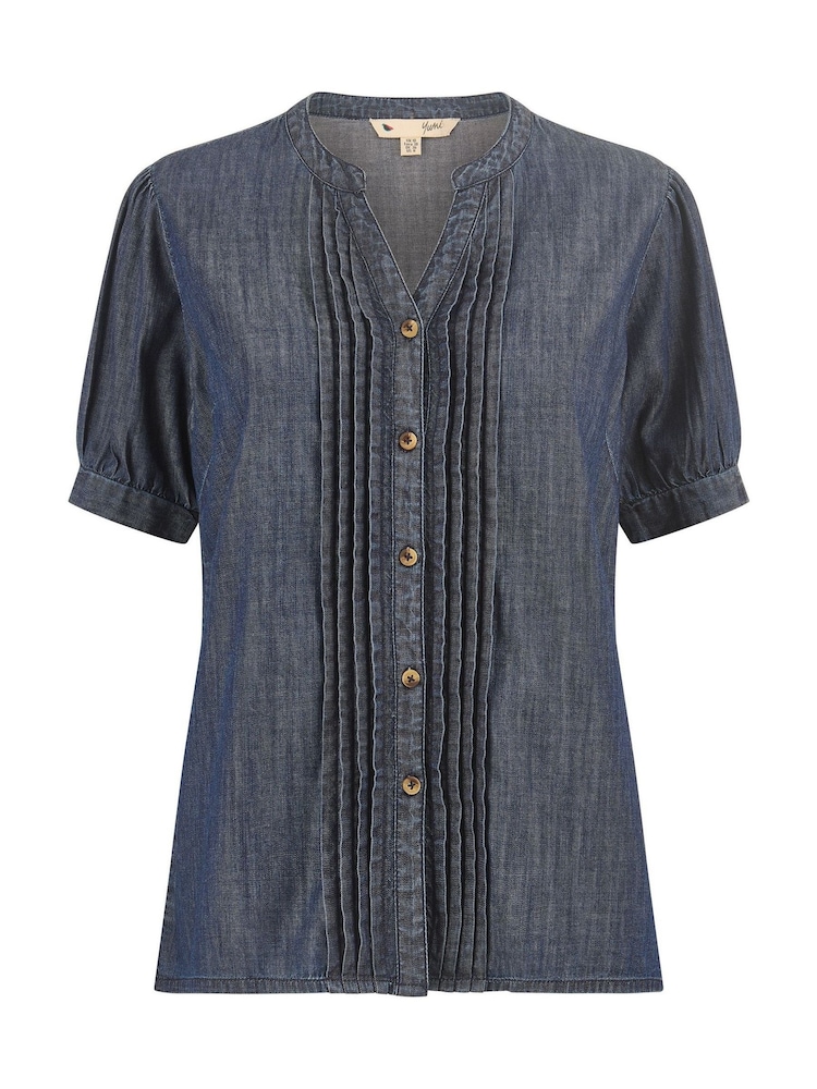 Yumi Blue Chambray Pleated Denim 100% Cotton Shirt - Image 5 of 5