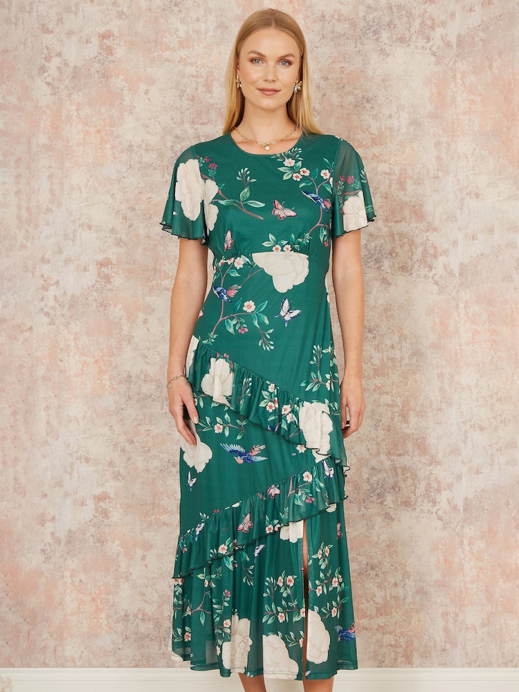 Yumi Green Mesh Bird And Floral Print Midi Dress With Ruffles - Image 1 of 5