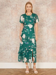 Yumi Green Mesh Bird And Floral Print Midi Dress With Ruffles - Image 2 of 5