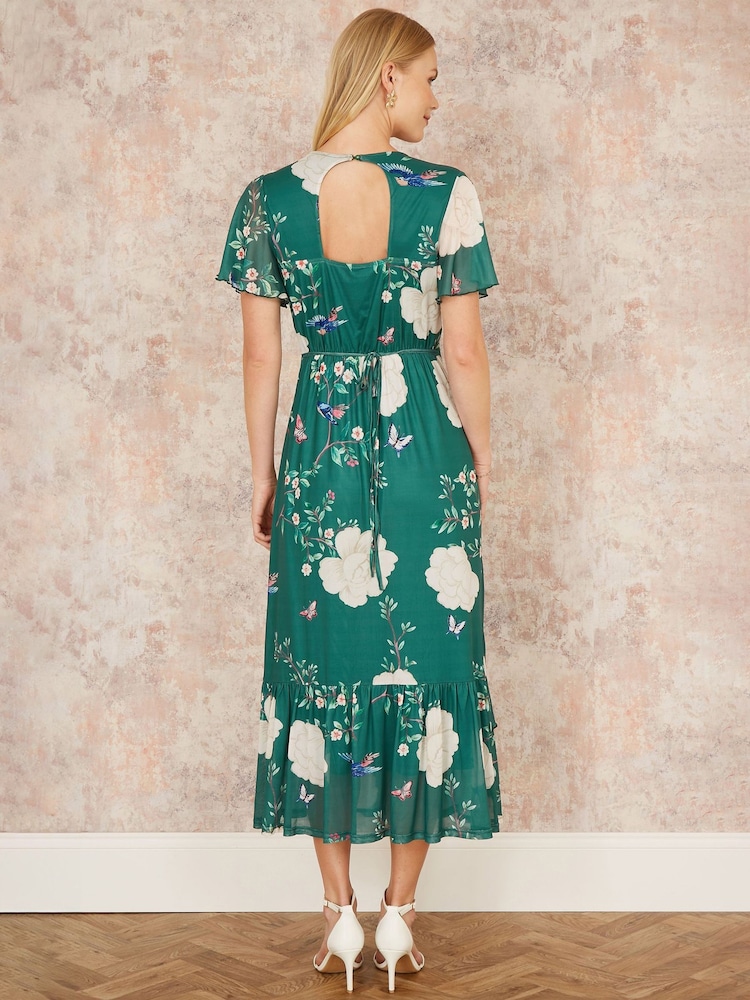 Yumi Green Mesh Bird And Floral Print Midi Dress With Ruffles - Image 3 of 5