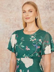Yumi Green Mesh Bird And Floral Print Midi Dress With Ruffles - Image 4 of 5